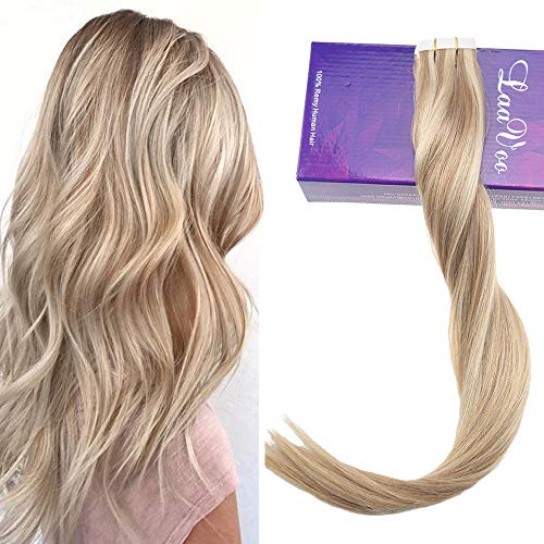 16" 20pcs/50g Tape in Human Extensions Colorful Ash Blonde #18 Highlighted with Bleach Blonde #613 100% Remy Human Hair Extensions