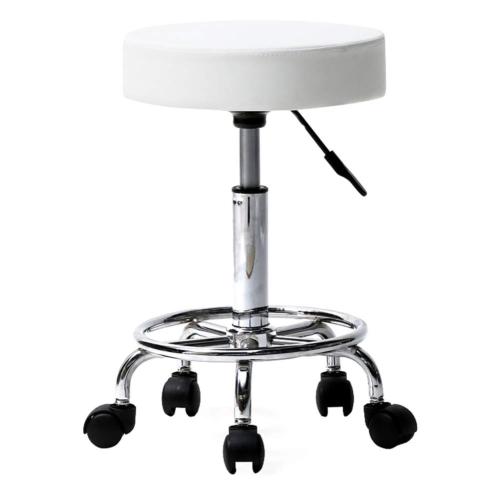 Round Rolling Stool PU Leather Height Adjustable Swivel Drafting Work Tattoo Massage Facial SPA Medical Salon Stools Chair (from US, White-02)