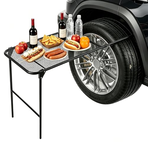 nawoefii Tire Camping Table Car Wheel Car Table Foldable Heavy Duty Travel Tables for Car Camping Picnic BBQ & Outdoor Cooking (26 x 19 in) Black 26-40 * 19 * 1532in (Adjustable)