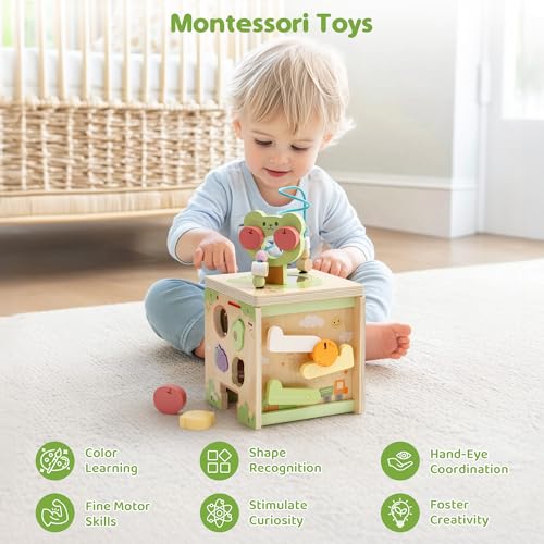 Image of ROBOTIME Wooden Activity Cube with Bear Orchard Theme, 9-in-1 Montessori Toys for 12M+ Boys & Girls, Educational Learning Toys for Toddlers Age 1-3, 1st Birthday Gift