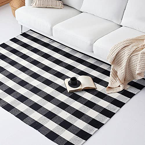 Shacos 4'X6' Buffalo Plaid Rug Washable Indoor Outdoor Black White Buffalo Check Rug Famrhouse Plaid Front Porch Rug Door Mat Woven Cotton Plaid Rug Floor Carpet For Kitchen Entrance #TOP25