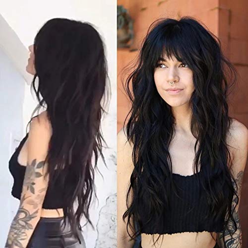 24 inch Black Long Wavy Wig With Bangs, Milky Lavender Purple Silky Full Heat Resistant Synthetic Curly Wig for Women Natural Looking Machine Made Mixed Purple Pink Hair Replacement Wig for Women
