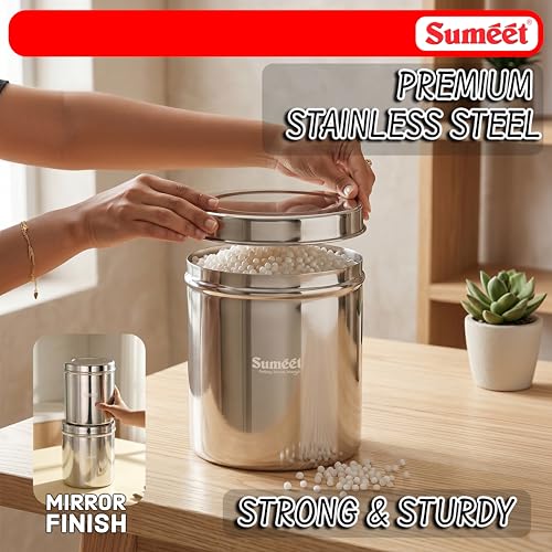 Image of Sumeet Stainless Steel Big Dabba /Canisters /Vertical Storage Container for Kitchen, 17cm Dia - 3500ml - (3.5Kg to 4Kg Approx)