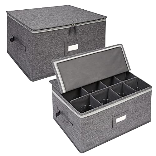Stemware Storage Containers (2 pack), Wine Glass Storage Box with Dividers for Glassware or Crystal, Holds 12 Red or White Wine Glasses, Hard Top and Stackable (Grey)