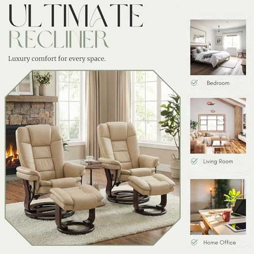 Image of Swivel Recliner Chair with Ottoman Reclining Lounge Sofa Footrest, Set of 1 | 360Sturdy Wood Base, Soft PU Leather, Upholstered Ultra-Plush Foam, Modern Armchair, Living Room Bedroom Office Reading Home