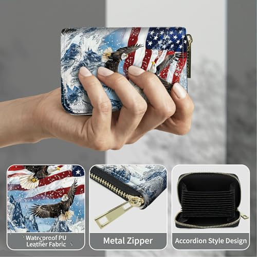 Image of Cute Credit Card Holder with Zipper, Eagle Iceberg American Flag RFID-Blocking Card Case Small Wallet for Women Men, Multi-slot Card Organizer Case Travel Accordion Wallet