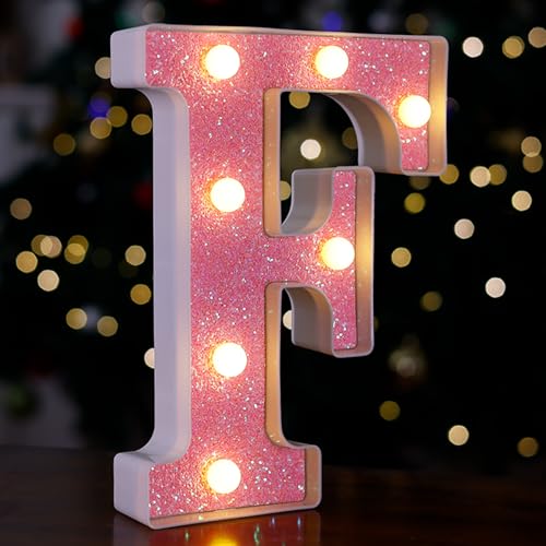Image of LED Letter Lights Pink Glitter Marquee Letters Light Up Alphabet Letters Sign Battery Powered for Home Party Decoration Night Bar Wedding Birthday Christmas Lamp Girls Gift - Letter F