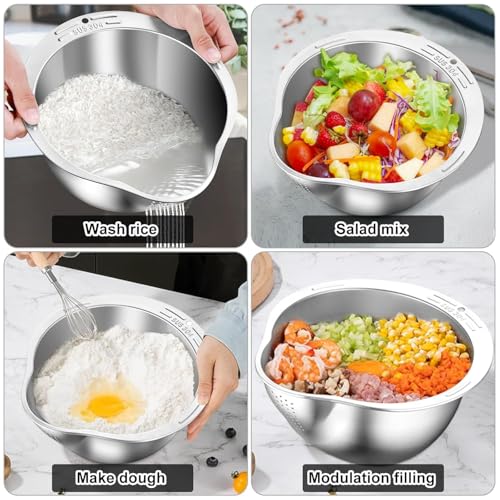 Image of Rice Washer Strainer Bowl, 4-in-1 Quinoa Washer Bowl Stainless Steel Rice Rinser Strainer Sink Colanders with Side Drainers Rinsing Fruits,Vegetables & Beans -Versatile Kitchen Tool
