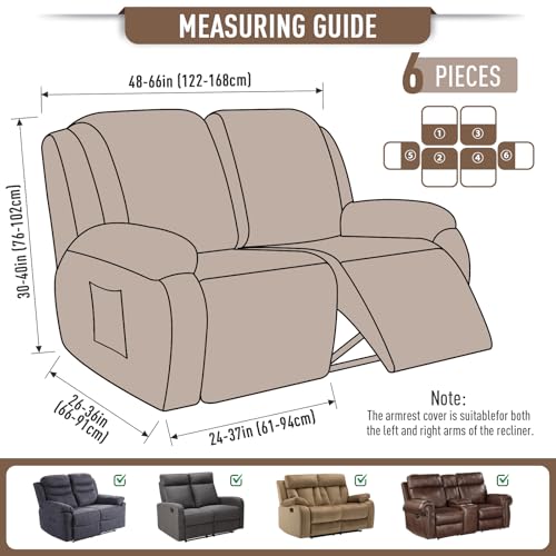 Image of TAOCOCO Recliner Loveseat Slipcover, 6 Pieces Dual Recliner Sofa Covers for 2 Seat Dual Reclining Loveseat Couch, Stretch Soft Jacquard Pattern Furniture Protector with Elasticity (Khaki)