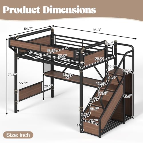 Image of Bellemave Full loft Bed with Storage Stairs, Wardrobe, Shelves, Metal Full Loft Bed Frame for Adults, Kids, Teens, Black+Natural Wood with Black Stairs