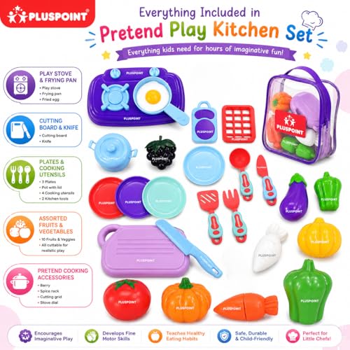Image of PLUSPOINT Kitchen Set with Vegetables & Storage Bag | Sliceable Food Cutting Toy Set for Kids | Pretend Play Kitchen Food Accessories for Boys & Girls | Lunch Time Role Play Learning Toy