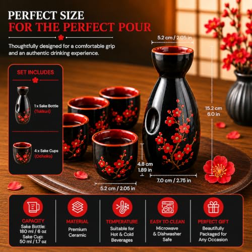 Image of Melbify Japanese Sake Cherry Blossom Design Set | 1 Pc Sake Bottle(180 ml) & 4 Pc Sake Cup(45 ml) | Traditional Craftsmen's Hand Painted Design | Tokkuri Carafe & Cups | Ceramic Serving Gift Set