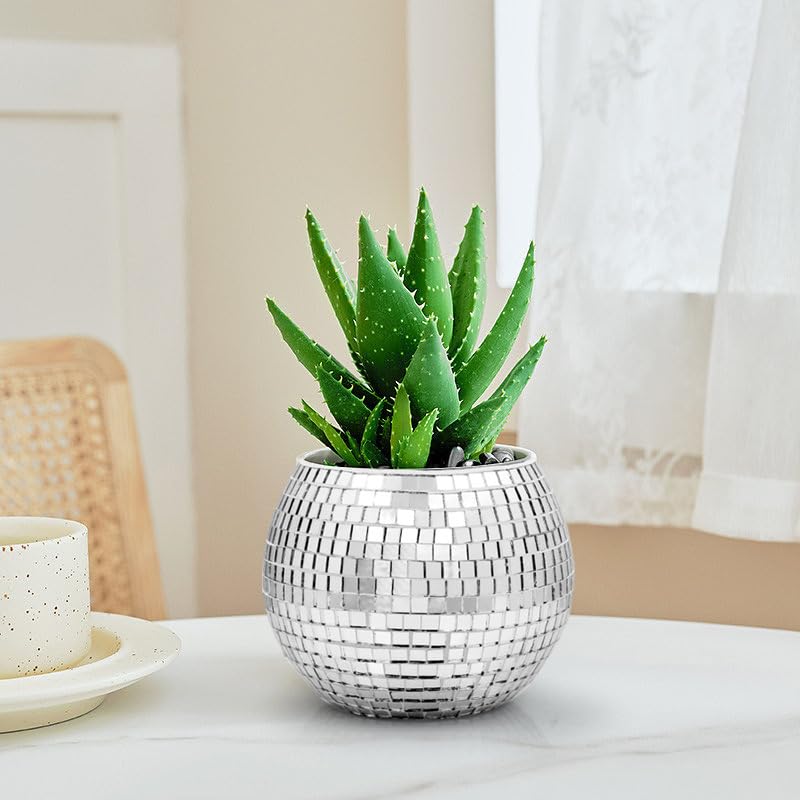 Fioriera a forma di palla da discoteca, vaso da fiori in vetro a specchio argentato, vaso autoirrigante, supporto per piante da discoteca, vaso a sfera da discoteca, decorazione moderna in plastica