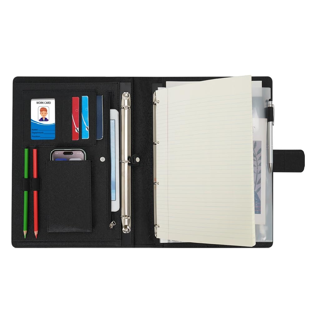 Wonderpool A4 PU Leather 4 Ring Holder Writing Portfolio Multi Document Case with Removable Binder Clipboard and Functional Pocket for Organizer Office Travel School (Black)