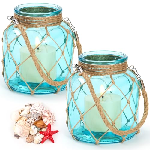 APUDWN 2 Set of Nautical Candle Lanterns, Coastal Beach Decor Blue Glass Jars with Rope Handle, Flameless LED Candles and Sea Shells for DIY Room Centerpiece Bathroom Ocean Decoration