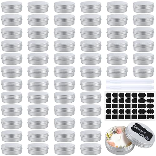 60PCS Metal Round Tins, 2 oz Aluminum Tin Cans Containers with Screw Lid for Lotion Bars, Balms, Salve, Spices or Beard Balm, DIY Candle Making Jar