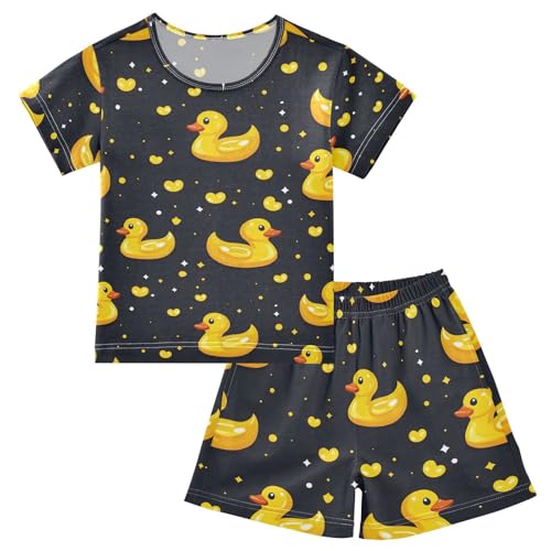 ALAZA Yellow Duck Heart Love Pajamas Set Short Sleeve Cotton Sleepwear Summer Pjs 2 Piece 5-14Y