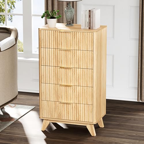 Image of VINGLI Fluted Tall Dresser 5 Drawer, 23.66 inch W Chest of Drawers, Oak Wood Dresser for Bedroom Mid Century Modern with Rounded Edge, 23.66 inch W*15.6 inch D*44.88 inch H