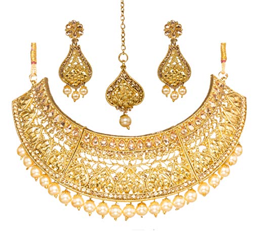 Bindhani Wedding Traditional Bridesmaid Ethnic Bridal Bollywood Golden Toned Kundan Necklace Earrings Tikka Tika Indian Choker Jewelry Set For Women