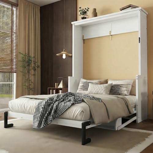 SOFTSEA Queen Size Murphy Bed Cabinet, Wood Hidden Wall Bed Cabinet, Space-Saving Hideaway Murphy Bed for Bedroom Home Office Small Spaces, White