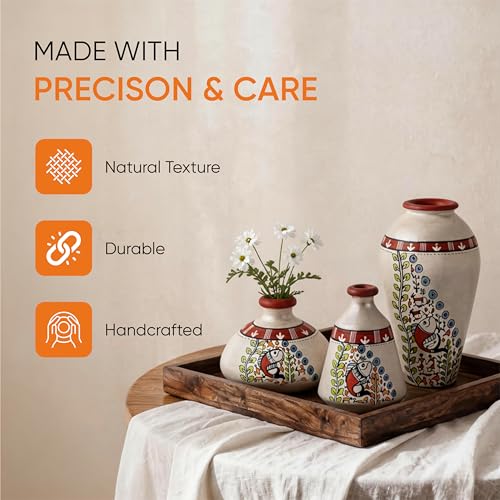 Image of Aakriti Art Creations Vase Earthen Miniatures Silver Madhubani Set of 3 | Hand-Painted Terracotta Flower Vases | Matte Finish Decorative Vases for Living Room, Table Decor & Gifting