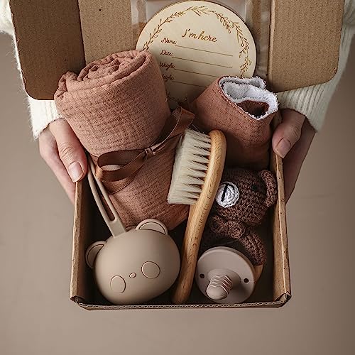 Image of Baby Gift Set for Newborn, 7 Pcs Baby Essentials Shower Set with Bath Towel, Teether, Rattle Toy, Pacifier Bag, Drool Towel, Brush, Wooden Milestone for Boy & Girls, New Baby Bath Gift Set
