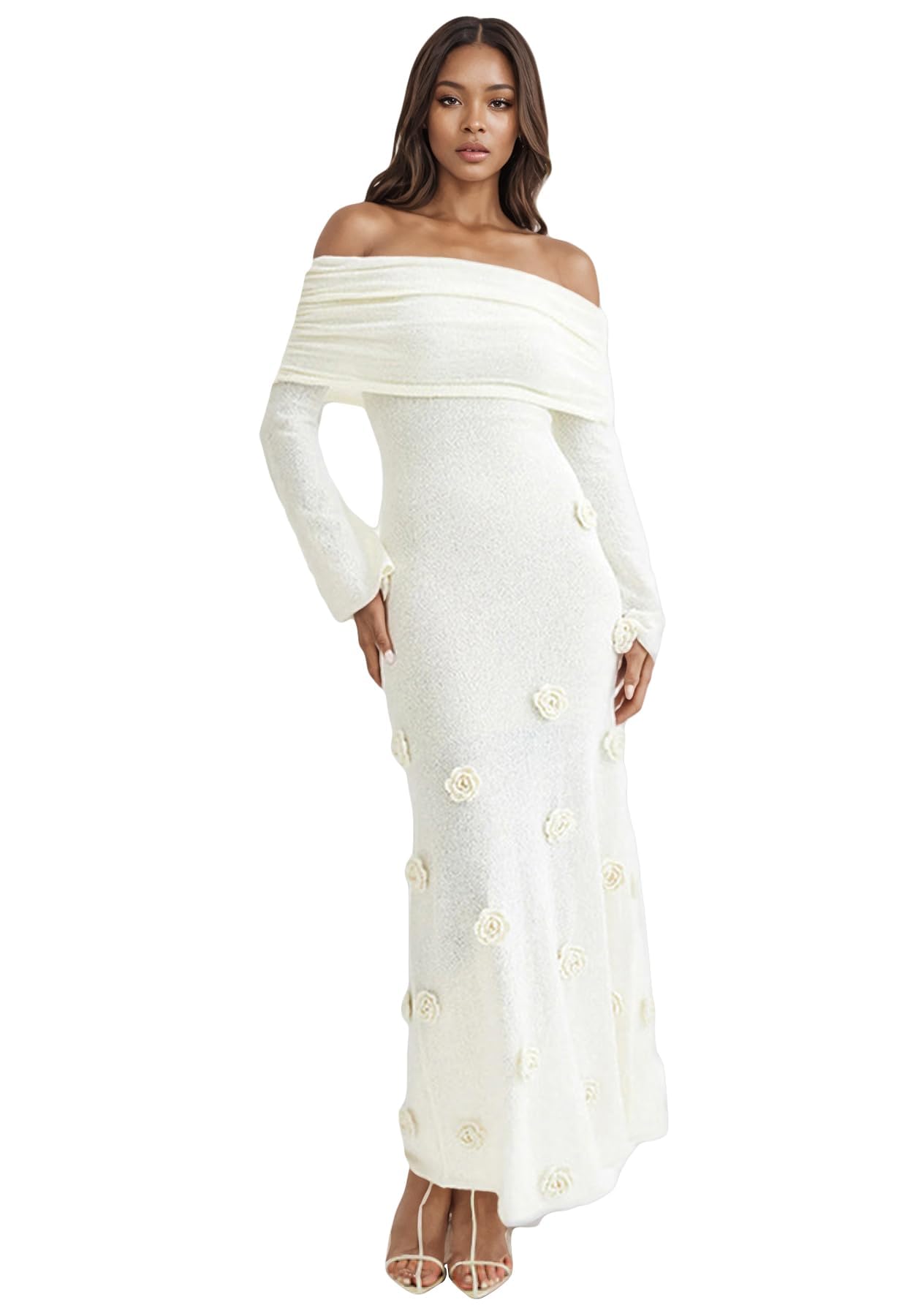 LETSVDO Womens Off The Shoulder Crochet Maxi Dress Long Sleeve Bodycon 3D Floral Knit Mesh Sweater Sexy Party