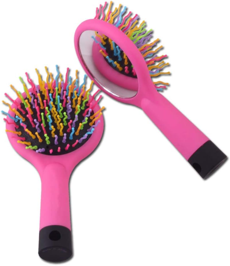 Pastel Kids Mini Cushion Brush - Rainbow Mirror Design Detangle Hair Brush Comb Children's Girls