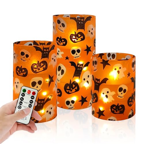 Image of Halloween Flameless Candles with String Lights - Set of 3 Ghost Battery Operated Candle Flickering Floral LED Pillar Candles with Timer Remote for Home Decor Romantic Ambiance