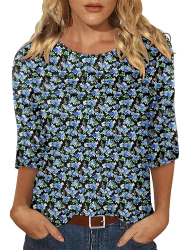 KISSMODA Women's Casual 3/4 Sleeve T-Shirts Round Neck Cute Tunic Tops Basic/Pleated Summer Tops Trendy Spring Blouses