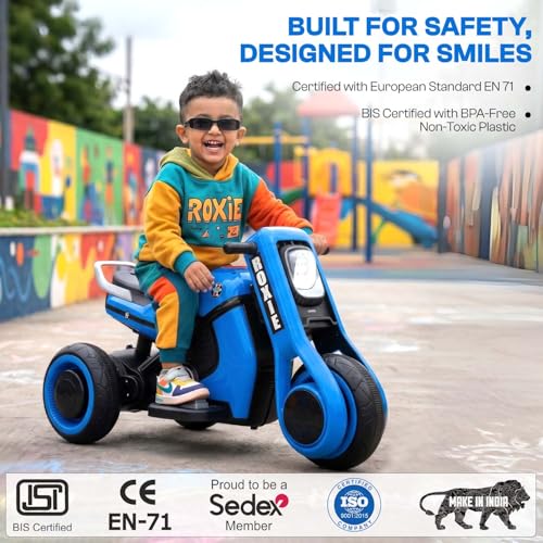 Image of Toyzone Roxie Kids Electric Bike (Blue)| Rechargeable Bike with 6V 4.5Ah Battery | MP3 /USB /BT Music & LED Lights| Smooth Acceleration | 6 Months Battery warranty, For Kids Age 2 to 8 Years, Upto 35 kg