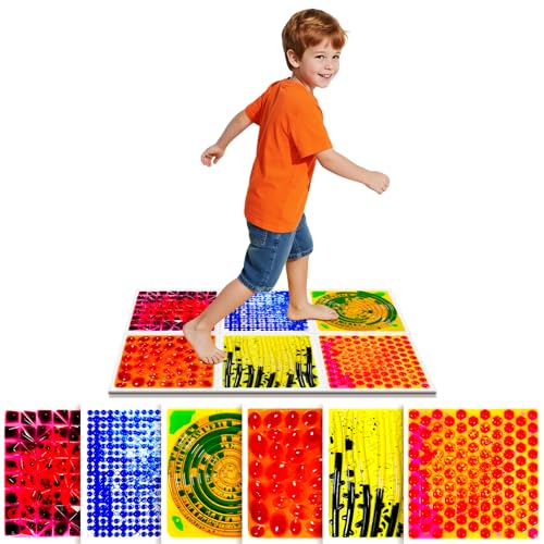 Liquid Sensory Floor Tiles for Kids Ages 3+, 12" Textured Step-On Tiles with Non-Slip Base, Interactive Color-Flow, Assorted Colors, Classroom Sensory Path Set (6-Pack)