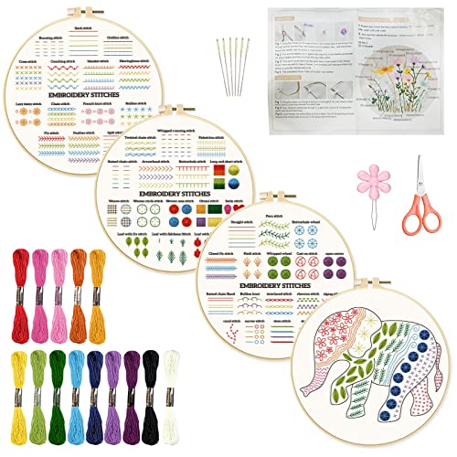Image of INFUNLY 4 Set Stitches Embroidery Kit for Adults Elephant Cross Stitch Kits for Beginners Stamped Embroidery Kit with Instructions, 2 Embroidery Hoops, Needles, Threads for DIY Craft