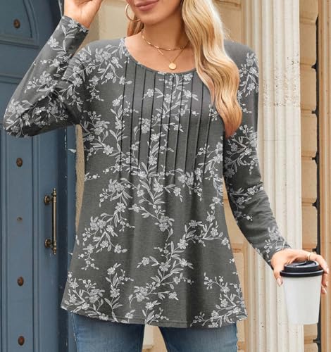 TAOHUADAO Women Fall Long Sleeve Tops Pleated Crew Neck Tunic Casual Dressy Blouse Shirts4