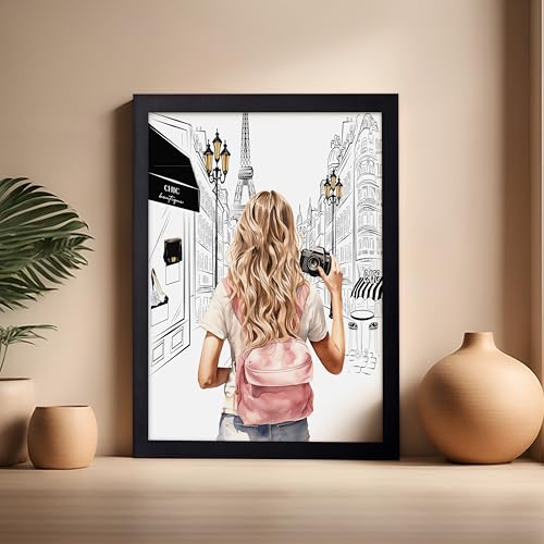 Image of Poster Master Fashion Poster - Lady With A Camera Print - Trendy Art - Paris Art - Modern Art - Gift for Women & Fashionista - Glamour Wall Decor for Bedroom or Girl's Room, 16x20 Black Framed