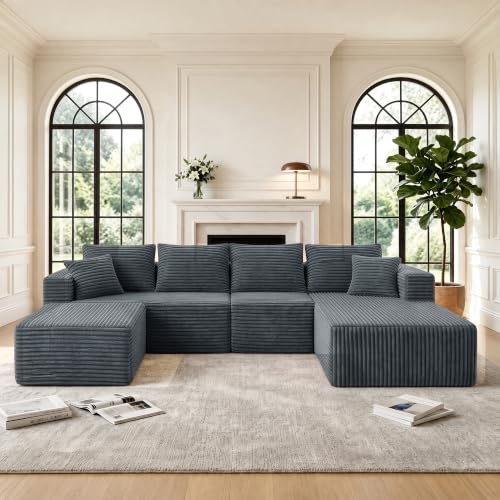 Image of 118 Inch Boneless U-Shaped Sectional Couch, Grey (Right Facing Chaise)