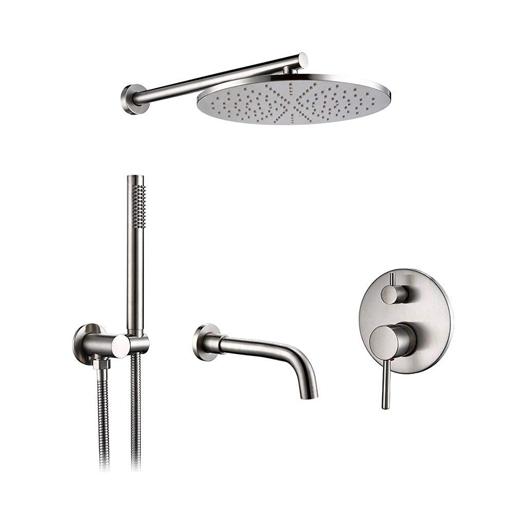 Sistema Doccia Kit Sistema Soffione Doccia 8-12 in Acciaio Inox Spazzolato, Cascata Pioggia, Miscelatore Deviatore in Ottone, Valvola A Braccio A Parete Portatile, 10 Pol,12inch210mm3ways