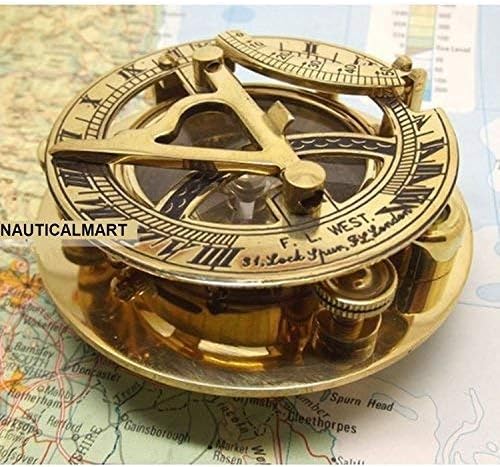 Fascinating Solid Brass Sundial Clock with Inset Compass & Engraved Vane. 3 Inches