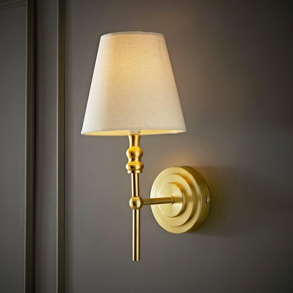ValueLights | Maggie Brushed Gold Candlestick Wall Light with Linen Shade and Bulb | Wall Lights, Home Décor & Improvement Essential |