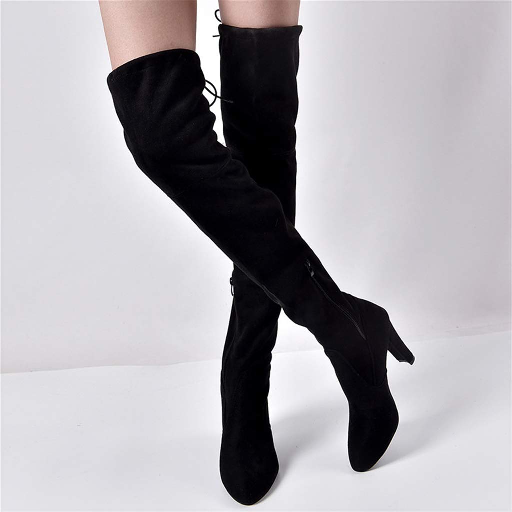 UMore Mujer Elegante Botas Altas Tacón Anchos Botas Muslo Cremallera Botas Altas hasta La Rodilla Talón Grueso Punta Redondeada para Mujer