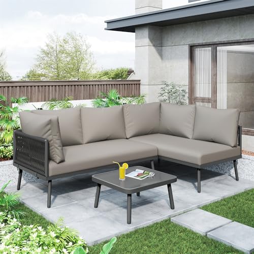 VRYGLEN Graues Seil Eisen Garten Lounge Set mit L-förmigen Möbeln, Kissen, verstellbaren Füßen, 2 Sofas und 1 Tisch - Terrassenmöbel（Grau）