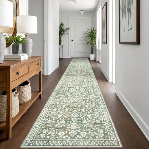 SILOLOOM Vintage 2.6x18 Hallway Runner, Sage Green Beige Washable Non-Slip