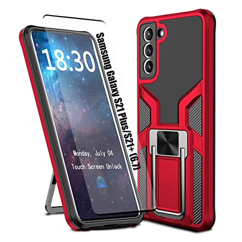 LMDAMZ Compatible Samsung Galaxy S21 Plus/S21+ Heavy Duty Military Grade Shockproof Kickstand Case Double Protection (TPU+PC) Solid and Durable Magnetic Car Phone Case, Suitable for 6.7 Inches (Red)