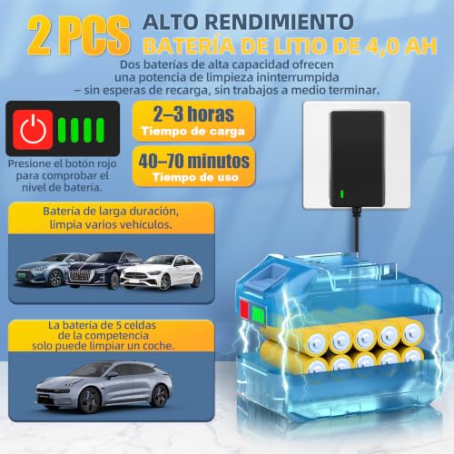 Miniatura 4 de Hidrolimpiadora A Batería, Pistola De Agua A Presión 21v Hidrolimpiadora Eléctrica Portátil Con 2 Baterías Y Tubo De 5 M, Lavadora Inalámbrica Para Coche, Jardín, Terraza, Césped Y Riego
