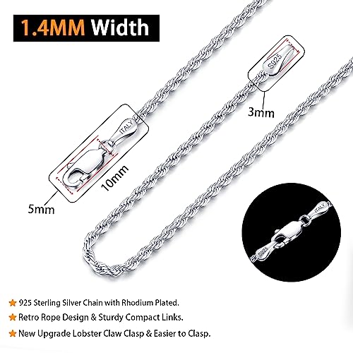 Jewlpire 925 Sterling Silver Chain Necklace For Women Girls Men, 1.4Mm Rope Chain Silver Chain For Women Sturdy & Shiny & Durable Women's Chain Necklaces, 18 Inch #TOP3
