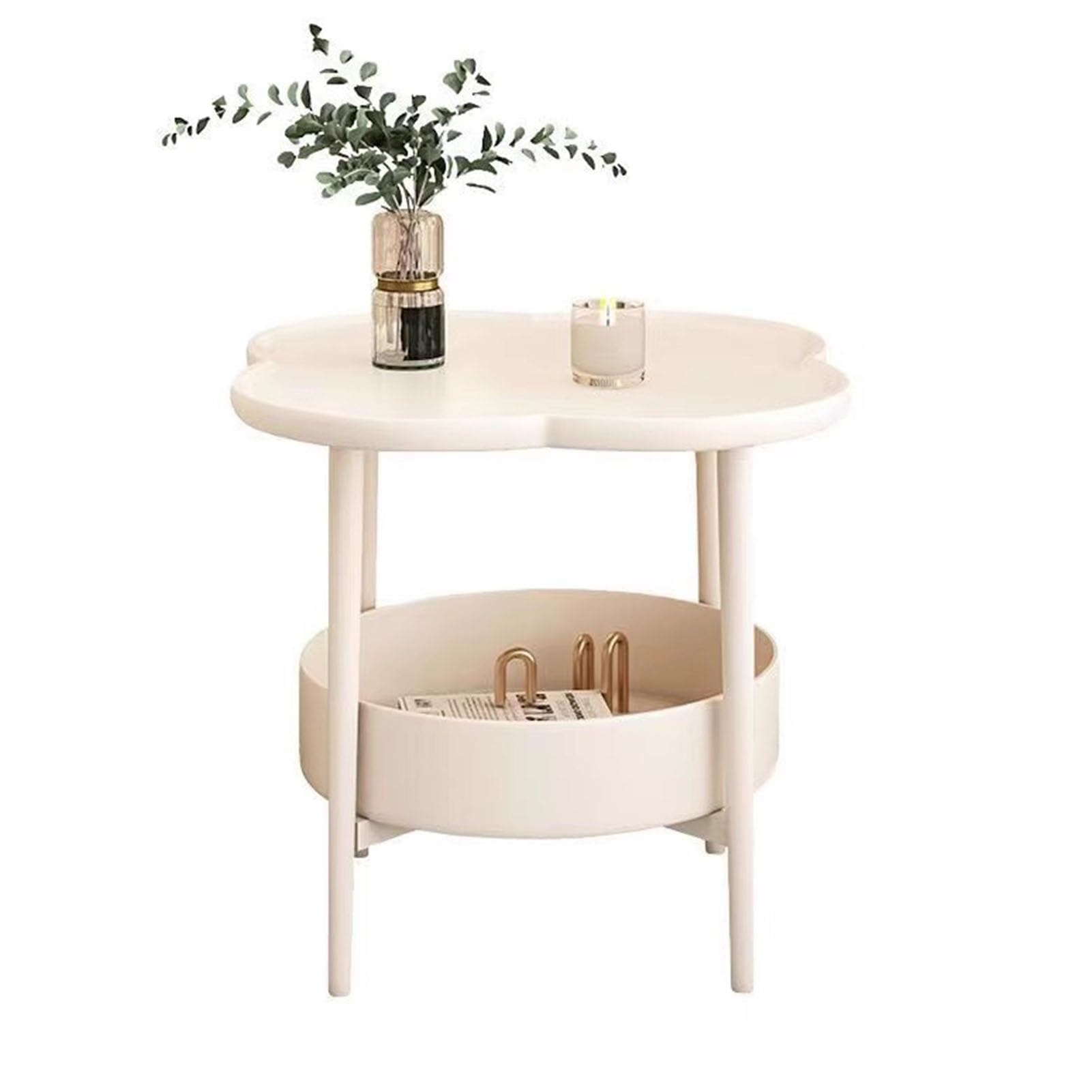 Mesa Auxiliar Redonda De 2 Niveles, Mesa Auxiliar De Cama Con Bordes Elevados, Mesilla De Noche Pequeña, Mesa De Té De Sobremesa En Forma De Flor Para Sala De Estar, Dormitorio, Oficina(White)