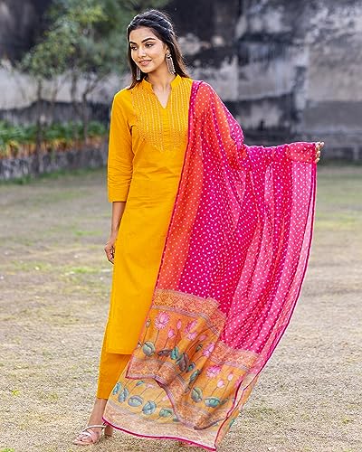 Image of GoSriKi Women's Cotton Blend Straight Printed Kurta with Pant & Dupatta