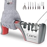 Level 5 Anti-Schneidhandschuhe : wir stellen die Sicherheit unserer Kunden über alles. Unser Küchenmesserschärfer ist mit rutschfestem Sockel ausgestattet und bietet eine komfortable Kontrolle während der Arbeit. Wir haben sogar einen schnittfesten Handschuh für zusätzliche Sicherheit!