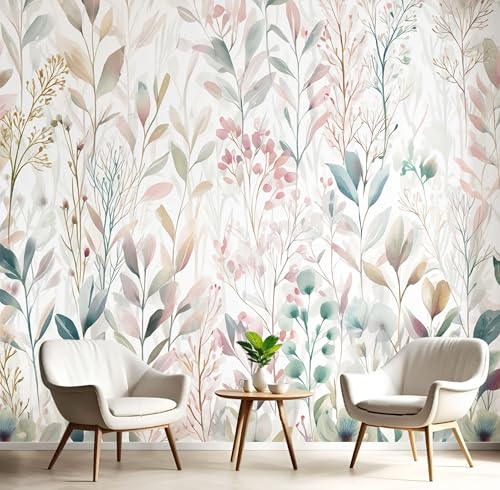 JEDTAKCT Papel Pintado Pared Panorámico Botánicos Rústicos Seda, 150X105Cm, Acuarela Pintada A Mano Beige, Póster Gigante De Pared Personalizado 3D Para Salón Dormitorio Fotomurales Decoración
