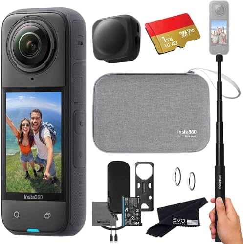 Insta360 X4 Travel Bundle-8K Waterproof 360 Action Camera with 1/2″ 48MP Sensors, 8K 360 HDR Video, 72MP 360 Photo, AI Editing |Bundle Includes Carry Case, Selfie Stick, Lens Cap (1TB)